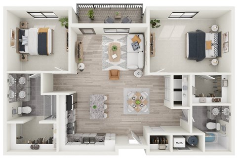 arial view of a living room with furniture and a dining room